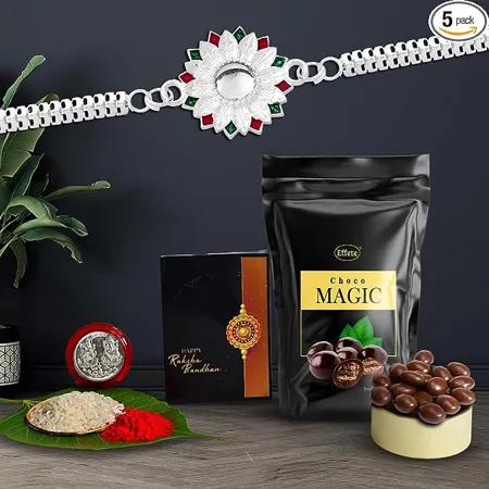 DeoDap Multicolor Bracelet Rakhi K1 905 AS Effete Chocolate Combo with Silver Color Pooja Coin Roli Chawal Greeting Card Occasion Rakhi for brother with gift Rakhi with chocolate rakhi combo for brother Set of 1 Rakhi Rakhi Chocolate Gift combo 