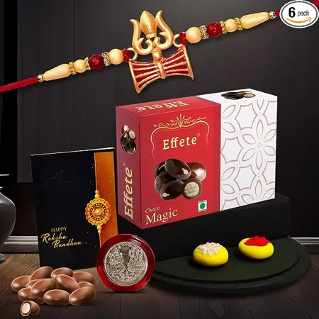DeoDap Rakshabandhan Multicolor Silver Plated Rakhi K1 19 P32 Rakhi 19 with Chocofarm Choco Peanuts 32gm Roli chawal Pooja Coin Greeting