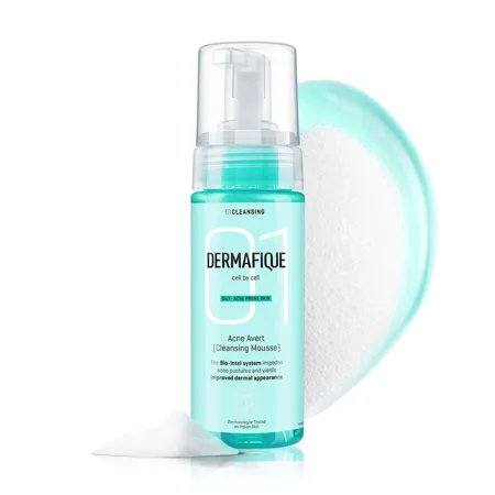 Dermafique Acne Avert Cleansing Mousse Foaming Face Wash 150 ml for Acne Prone Skin Suits Oily Dry Skin with Salicylic acid Paraben Free SLES free Cleanses Pores Clears Out Excess Sebum