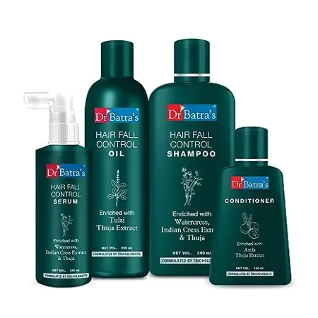Dr Batra s Hair Fall Control Serum 125 ml Conditioner 100 ml Hair Fall Control Oil 200 ml and Hair Fall Control Shampoo 200 ml Combo kit Enriched with Thuja Henna Pack of 4 