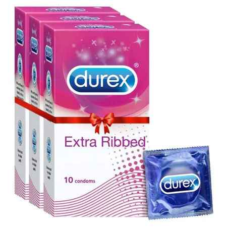 Durex Extra Ribbed Condoms for Men 10 Count Pack of 3 Dotted Condoms