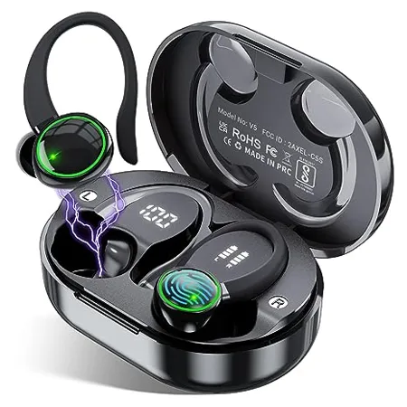 EDYELL True Wireless Earbud Bluetooth 5 3 TWS Earphones 3D Stereo with Earhook 48H Touch Control Earbuds with Dual LED Display IPX7 Waterproof Earphones Built in Mic for Running Workout Sport