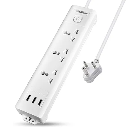 EMBOX 10A Extension Board with USB Port with Master Switch Multi Plug Socket with 3 Universal Sockets and 3 USB Ports Extension Cord with Safety Shutter and LED Indicator 2500W 3 Sockets 3 USB 2 Mtr Cord Length 