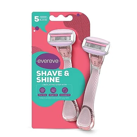 Evereve Shave Shine 5 blade Razor for women with Aloe Vera Argan Oil Avocado Oil 1 Pc Flexible rounded head Non slip rubber handle Protects skin Quick Easy hair removal