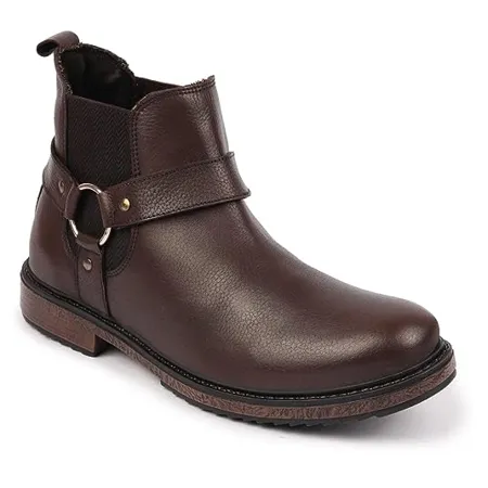 FAUSTO Men s High Ankle Genuine Leather Side Ring Buckle Design Slip On Chelsea Work Boots
