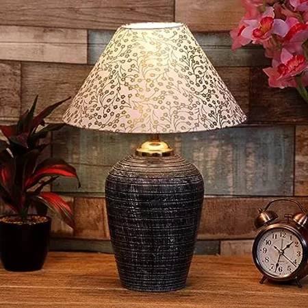 Foziq Traditional Terracotta Table Lamp Night Lamp for Bedroom Table Balcony Room Decoration Items Outdoor Diwali Decoration Items for Home Decor Grey Terracotta Base with Gold White Fabric 