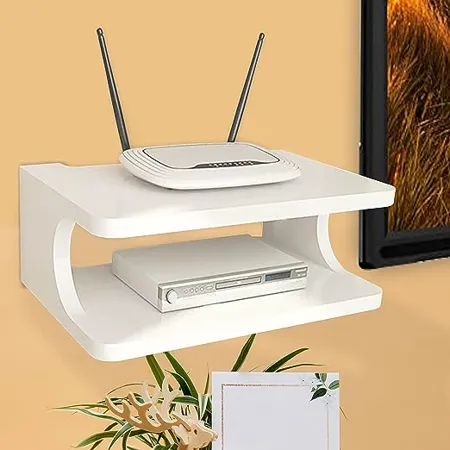 Furniture Cafe Set top Box Stand WiFi Router Holder Wooden Wall Shelves Setup Box Stand for Home Wall Mount Stylish WiFi Router Holder TV Cabinet Living Room Furniture Color White 