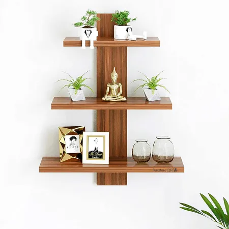Furniture Cafe Wooden Wall Shelves for Living Room Wall Shelf for Home Decor Items Floating Book Rack for Study Room Office 3Tiers Size Standard Colour Teak Natural 