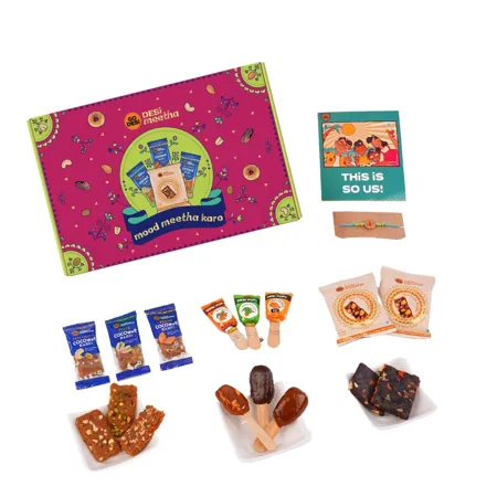 GO DESi Mood Meetha Karo Rakhi Gift Hamper Box Rakhi Gift for brother sister 18 Assorted Coconut Barfis 2 Dry fruit Barfis 9 Assorted Popz Raksha Bandhan Box