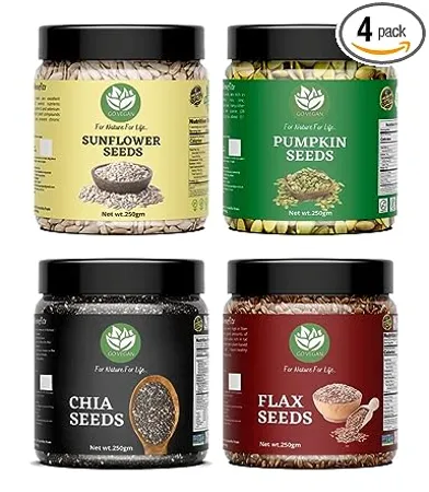 Go Vegan Raw Seeds Combo for Eating 1kg Pumpkin Chia Sunflower and Flax Seeds 250gm Each Pack of 4 