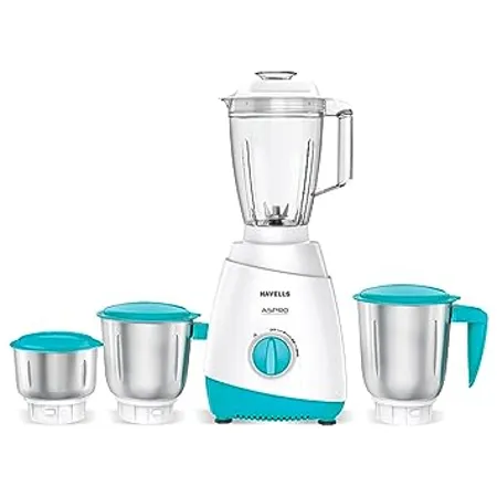 Havells Aspro 4 Jar 500 watt Mixer Grinder with 1 75Ltr Polycarbonate Jar with Fruit Filter 21000 RPM Overload Protector 2 Yr Product 5 Yr Motor Warranty White and Light Blue 