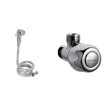 Hindware F160013CP ABS Health Faucet with PVC Flexible Tube and Wall Hook Jet Spray for Toilet Hindware F850030CP Angular Stop Cock Angle Valve for Bathroom with Chrome Finish