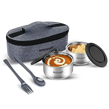 Home Puff Set of 2 Stainless Steel Insulated Lunch Box for School and Office Spill Proof Tiffin for Men Women Unbreakable Lid Free Bag Easy to Clean 325mlX2 Grey Made in India with Warranty