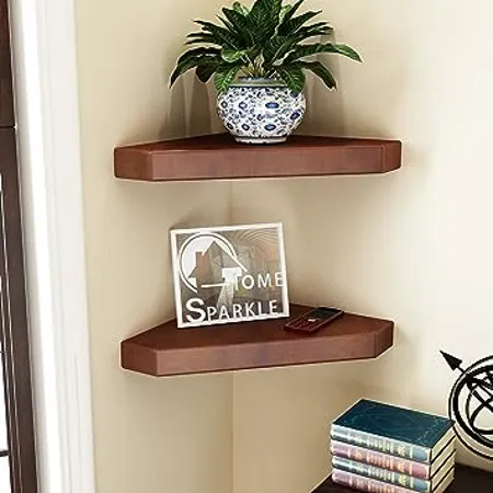 Home Sparkle Set of 2 Corner Wall Shelves for Home Decor Engineered Wood Floating 2 Tier Radial Wall Mounted Floating Shelf Brown 