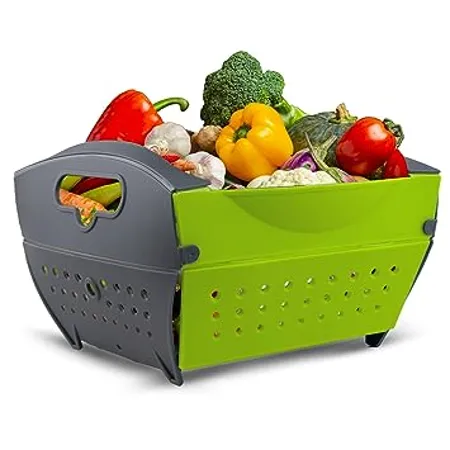 HomeBasics by Home Puff Collapsible Basket BPA Free Washing Bowl for Fruits Vegetable Noodles Pasta Washing Bowl Multipurpose Strainer Colander Kitchen Sieve DIY Organizer for Kitchen Green 1 x Large