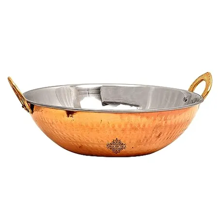 INDIAN ART VILLA Hammered Steel Copper Kadhai Wok Bowl Serving Dishes Tableware Volume 2250 ML Set of 1