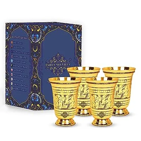 INDIAN ART VILLA Pure Brass Glass Tumbler with Etched Liner Design for Drinking Serving Water Yoga Ayurveda Volume 250 ML Set of 4
