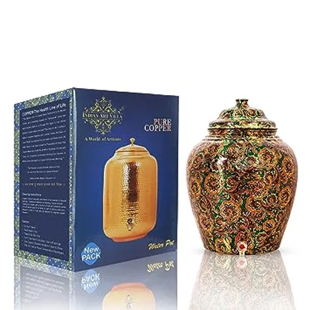 Indian Art Villa Printed Design Copper Water Dispenser Pot Matka Storage Home Garden 6 LTR Bottle Green