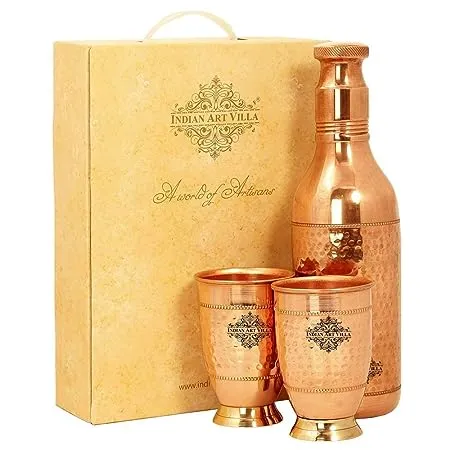 Indian Art Villa Pure Copper Drinkware Gift Set of Cocktail Design 1 Bottle 2 Glass with Gift Box Gift Item for Diwali Bithday Parties Bottle 1500 ml Glass 450 ml