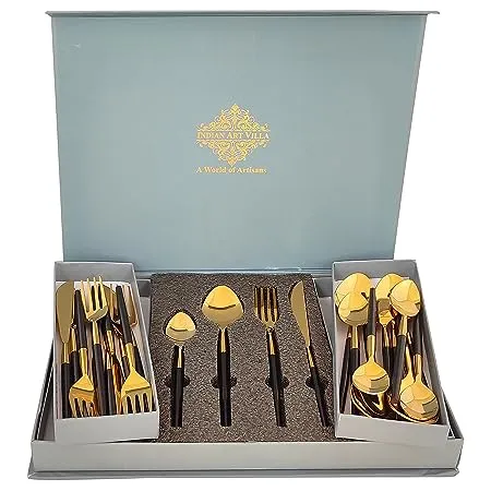 Indian Art Villa Stainless Steel Black Gold Shine Finish 6x4 24 Pcs Oval Cutlery Set