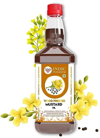 IndicWisdom Wood Pressed Mustard Oil 1 Liter Cold Pressed Extracted on Wooden Churner Kolhu Kacchi Ghani Chekku