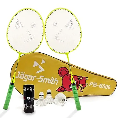 Jager Smith PB 6000 Combo Featherlite 2 Pack of 3 Feather Shuttles Kids Badminton Set with Full Body Cover Green 