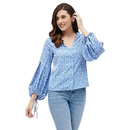KIBO Women s Blue Printed Tie Knot Long Sleeve Top LVT1170 B 