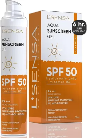 L SENSA Sunscreen SPF 50 for Oily Skin Waterproof Sun cream 1 Hyaluronic Aqua Gel Free from Oxybenzone For Oily Combination Ace Prone Skin Make Up Friendly For Women Men 50Gram