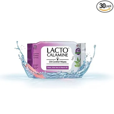 Lacto Calamine Oil Control Face Wipes with Neem Vitamin B3 and Aloe Vera No Parabens Alcohol Free White 30 Count
