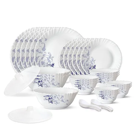 Larah by Borosil Blue Eve Silk Series Opalware Dinner Set 35 Pieces for Family of 6 Microwave Dishwasher Safe Bone Ash Free Crockery Set for Dining Gifting Plates Bowls White