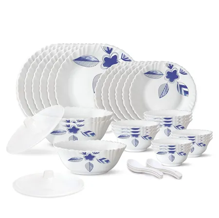 Larah by Borosil Morning Glory Silk Series Opalware Dinner Set 35 Pieces for Family of 6 Microwave Dishwasher Safe Bone Ash Free Crockery Set for Dining Gifting Plates Bowls White