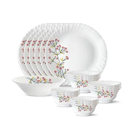 Larah by Borosil Red Bud Silk Series Opalware Dinner Set 19 Pieces for Family of 6 Microwave Dishwasher Safe Bone Ash Free Crockery Set for Dining Gifting Plates Bowls White