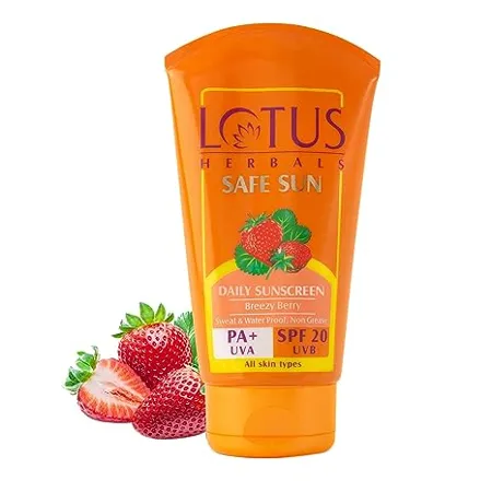 Lotus Herbals Safe Sun Sunscreen Cream Breezy Berry SPF 20 PA Sweat Waterproof Non Greasy 50g White