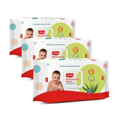 LuvLap Paraben Free wipes for baby skin with Aloe Vera Fragrance Free pH Balanced Dermatologically Safe Baby Wipes Rich in Vitamin E chamomile extract 72 Wipes Pack With Lid Pack 3 packs