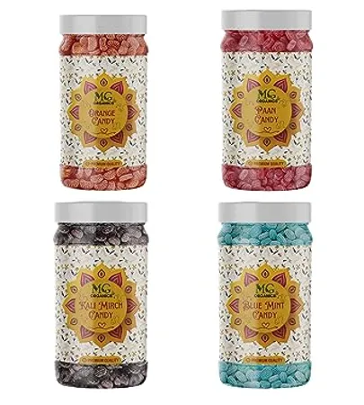 MG Organics Combo of Candies of flavours Orange candy Black Kala khatta candy Paan candy Blue Mint candy Pack of 4 x 200 Gram Each 800 Gram JAR PACKAGING 