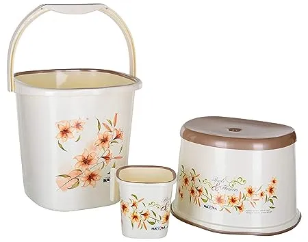 Nayasa Funk Bathroom Set 3 Pieces Bucket 18 litres Mug 1 5 Liters and 1 Stool Off White Bathroom Accessory Set Plastic 