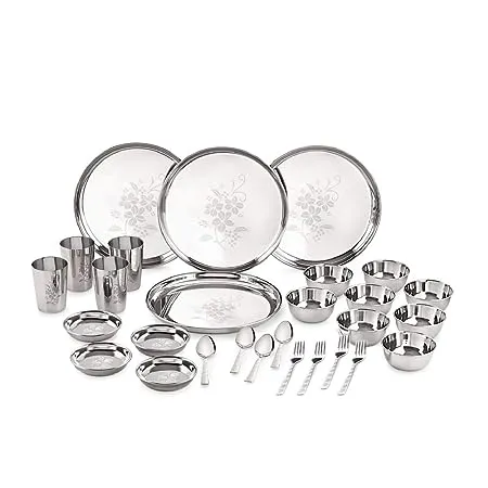 Neelam Stainless Steel 24 Gauge Lazer Etching Dinner Set 28 pcs Silver