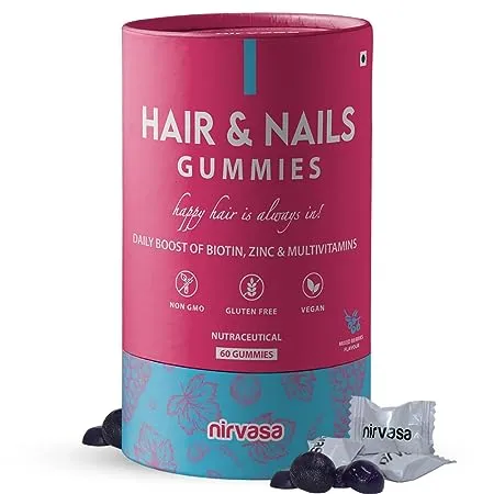 Nirvasa Hair Nail Gummies with Biotin Helps Keep Hair Nail Skin Healthy Nourished Ideal Supplement for Men Women Sugar Free I Mixed Berries Flavoured 60 Gummies Set of 1