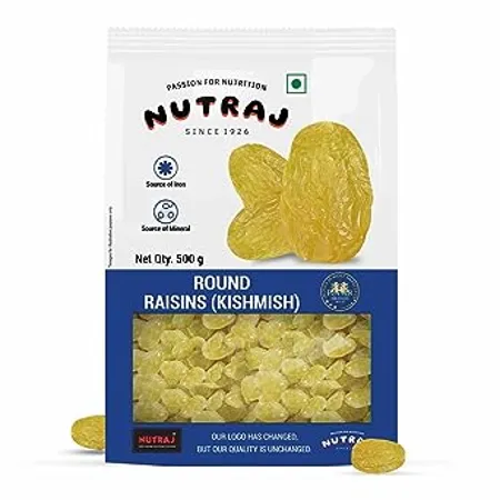 Nutraj Special Raisins Round 500 g Kishmish Rich in Iron Vitamin B Seedless Green Kishmish Healthy Snacks Dry Fruits Healthy and Tasty Snacks 