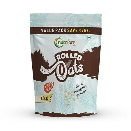 Nutriorg Rolled Oats 1kg Premium Golden Rolled Oats Gluten Free Oats with High Fibre 100 Whole Grain Non GMO Healthy Food with No Added Sugar Diet Food for Weight Loss 1kg