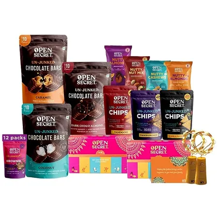 Open Secret Snacks Hamper Gift Combo Box Dark Caramel Coconut Chocolate Brownie Assorted Cookies Biscuits Chips Nuts Combo Fancy Lights Card Healthy Special Hamper Snacks Combo Box