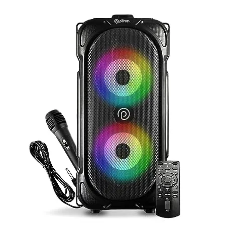 PTron Newly Launched Fusion Party 40W Karaoke Bluetooth Party Speaker with 3M Wired Microphone Dual Drivers RGB Lights USB SD Card AUX FM Radio Playback Auto TWS Function Remote Control Black 