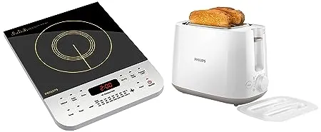 Philips Viva Collection HD4928 01 2100 Watt Induction Cooktop Black Daily Collection HD2582 00 830 Watt 2 Slice Pop up Toaster White Combo