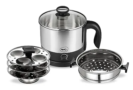 Pigeon by Stovekraft 1 5 Liters Multipurpose Kessel 3 in 1 Value Pack Multi Cooker Idli Stand with 3 Plates Steamer With Stainless Steel Stand Black silver 