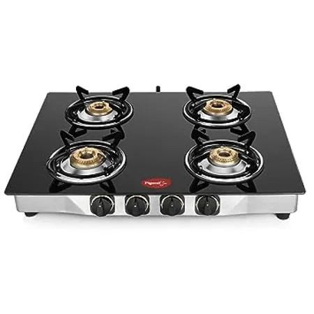 Pigeon by Stovekraft Blaze Gas Stove with High Powered 4 Brass Burner Glass Cooktop has Glass Top and Stainless Steel body Manual Ignition Black 