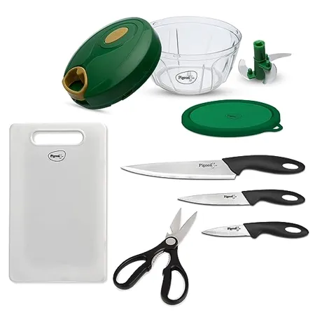 Pigeon by Stovekraft Kitchen Tools Cutting Board Combo 400ml Chopper Storage 3 Knives Set 1 Kitchen Scissor 1 Chopping Board 