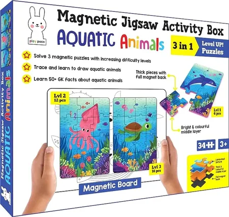 Play Poco Magnetic Jigsaw Puzzles Aquatic Animals Activity Box with 3 Magnetic Puzzles Magnetic Board Learn to Draw 50 Gk Facts Book
