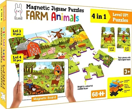 Play Poco Magnetic Jigsaw Puzzles Farm Animals Activity Box with 4 Magnetic Puzzles Magnetic Board Learn to Draw 100 GK Facts Book