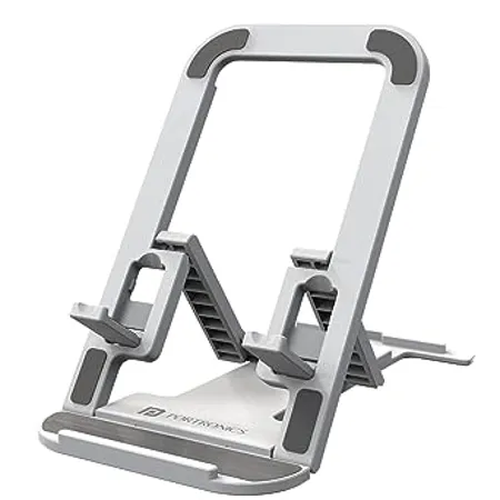 Portronics Modesk 100 Desktop Foldable Mobile Tablet Holder with Multiple Viewing Angles Anti Slip Strips ABS Material Grey 