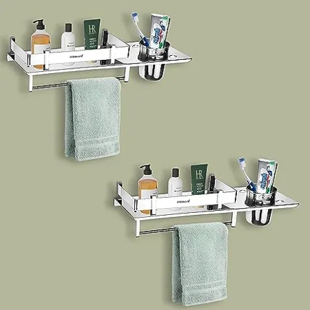 Primax Stainless Steel 3 in 1 Multipurpose Bathroom Shelf Rack Towel Hanger Tumbler Holder Bathroom Accessories 15 x 6 Inches Pack of 2